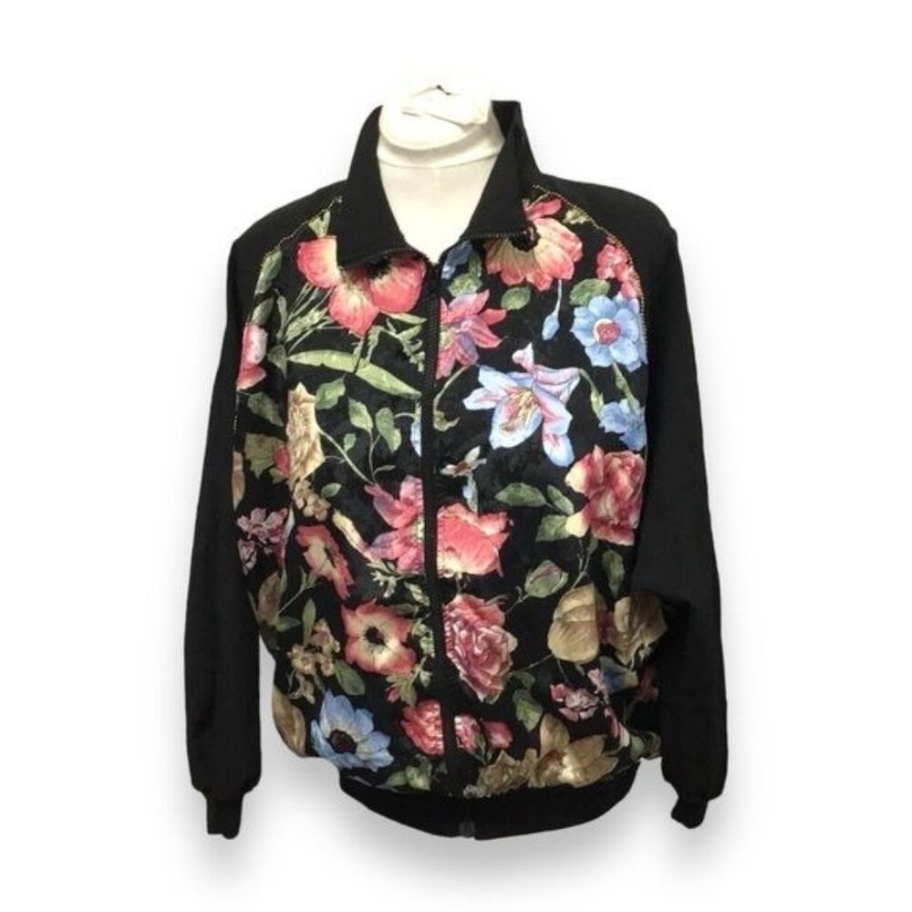 Silver Threads Women’s Floral Bomber Jacket With Zipper & Black Sleeve VTG 90s L